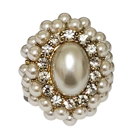 Fashion Jewelry Pearl Crystal Ring Elastic Band Size 7-8.5" Goldtone - Picture 2 of 5